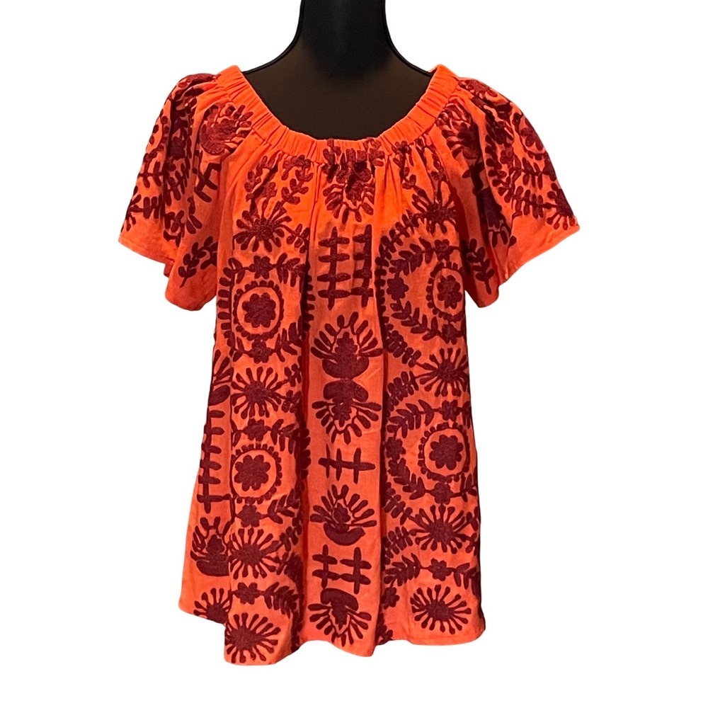 Ivy Jane Womens Orange Burgundy Embroidered Peasant Top M Boho Folk Artsy